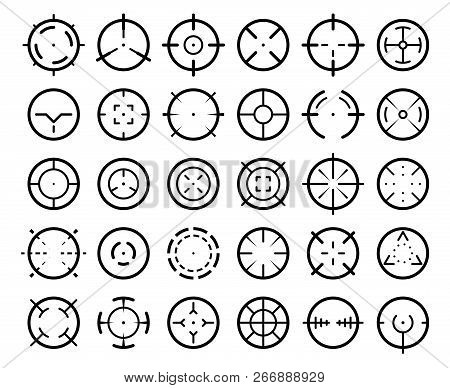 Sniper Aim Pointer. Weapon Targeting Pointers, Aiming Mark And Aims Target Sight Vector Symbols Set