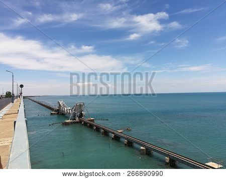 Railway Bridge In Sea. Beautiful View Of Railway Bridge In Rameshwaram, India