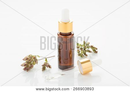 Oregano Essential Oil On White Background. Origanum Vulgare