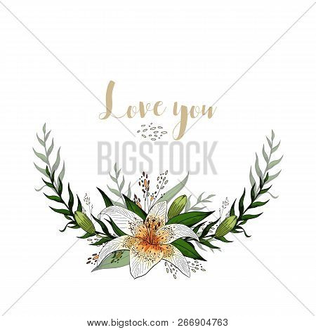 Love You Postcard Half Wreath With Lily Flowers And Lettering