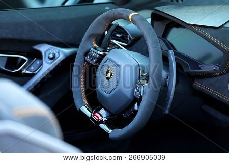 Monte-carlo, Monaco - September 19 2018: Interior Cockpit Of A Luxury Lamborghini Huracan Performant