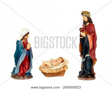 Scene of the nativity: Mary, Baby Jesus and a wise man, Caspar isolated on a white background
