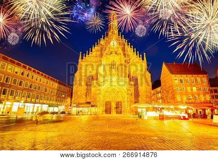 Old Town With Nuremberg Cathedral Church At Night With Fireworks, Germany