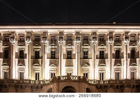 Front View Of Illuminated Cernin Palace By Night, Ministry Of Foreign Affairs Seat, Prague, Czech Re