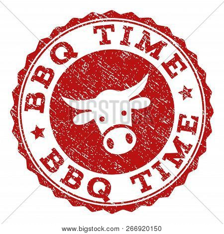 Bbq Time Stamp Seal With Grunged Texture. Designed With Bull Head Symbol. Red Vector Rubber Stamp Wi