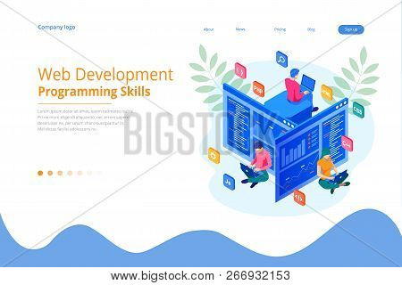 Isometric Programmer Coding New Project. Web Development And Programming Skills For Website. Web Ban