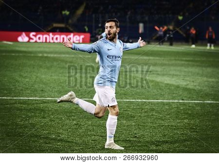 Kharkiv, Ukraine - October 23, 2018: Bernardo Silva Of Manchester City Celebrates After Scored A Goa