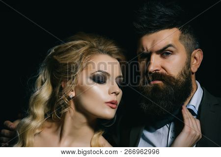 Being In Love. Couple Of Man And Woman Date On Valentines Day. Bearded Man And Sexy Woman On First D