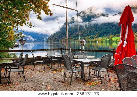 Autumn Scene At Small Restaurant In Grundlsee Lake. Location: Resort Grundlsee, Liezen District Of S