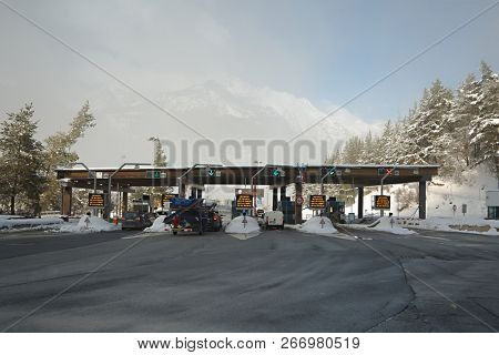 FREJUS TUNEL, FRANCE - FEBRUARY 4, 2015: Paying gates at the entrance of Frejus Tunnel in the Alps, a 13 kilometer road tunnel connecting France and Italy