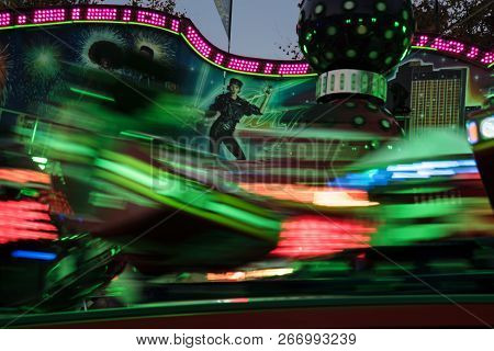 Moelln, Germany, November 1, 2018: Break Dancer, Fast  Funfair Ride Carousel At The Christmas Market