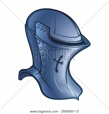Medieval European Helmet Belonging To The Heaume Type. Side View. Heraldry Element. Painted Sketch I