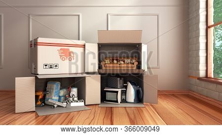 Concept Of Delivery Of Goods For Home Repair Goods Furniture And Household Appliances In Open Boxes 