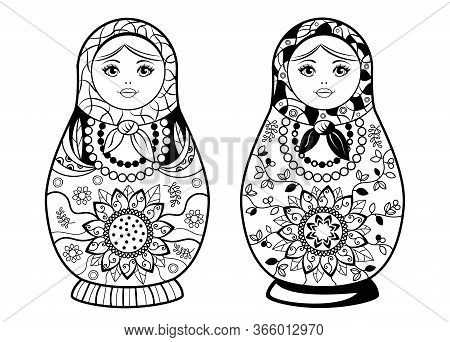 Nesting Doll For Coloring Book. Black Drawing On White Background