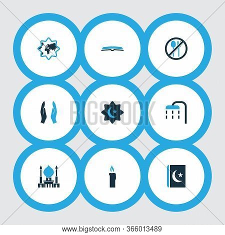 Holiday Icons Colored Set With Ghusl, Scripture, Dua And Other Koran Elements. Isolated Vector Illus