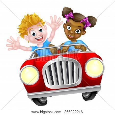 Two Cartoon Kids Having Fun Driving Fast In A Car On A Road Trip