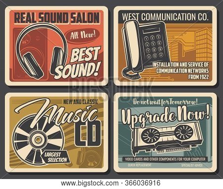 Modern Devices And Technology Services Vector Retro Posters. Dj Sound Equipment And Music Cd Records