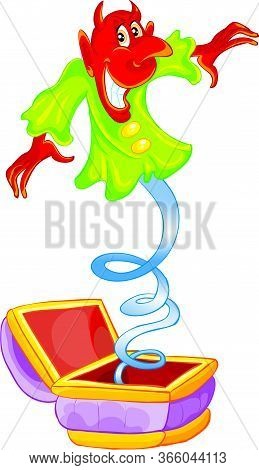 From A Snuffbox Is Sucked Out By A Red Devil On A Spring, A Toy, An Isolated Object On A White Backg