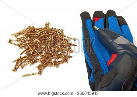 Blue Glove, Yellow Zinc Torx Screws And Electric Screwdriver, Isolated On White.