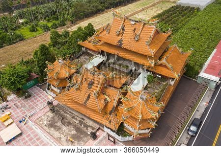 Nantou, Jiji, Taiwan - September 14th, 2019: aerial view of ruins of Wuchanggong temple when earthquake at september 21, 1999