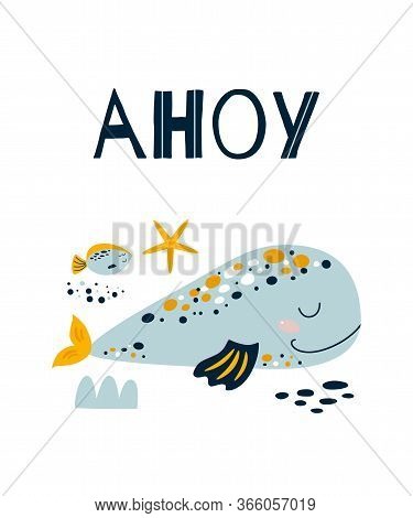Ahoy Boy Cute Blue Whale Poster. Baby Shower And Ahoy Kids Sea Invitation Card Template For Kids Des