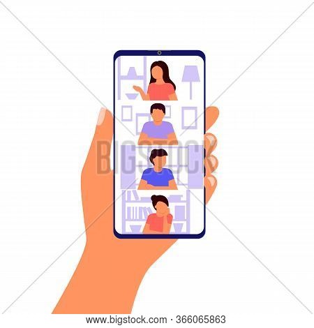 Abstract Group Of People Talking And Meeting In Video Call. Hand Holding Smartphone. Working By Inte