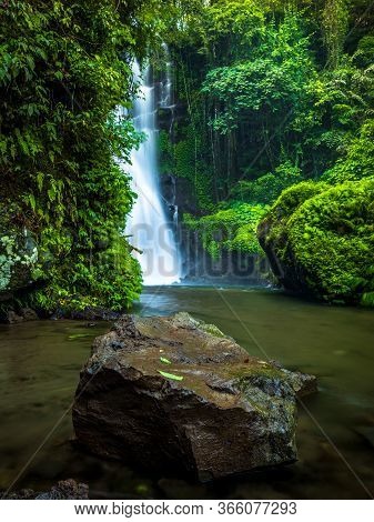 Waterfall Landscape. Beautiful Hidden Waterfall In Tropical Rainforest. Jungle River. Adventure And 