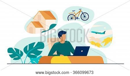 Man Sitting At Computer And Planning His Vacation. Office Worker Thinking About Country House, Trave