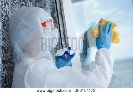 Woman Wearing Protective Biohazard Due Mers Coronavirus Global Pandemic Warning. Cleaning Service Di