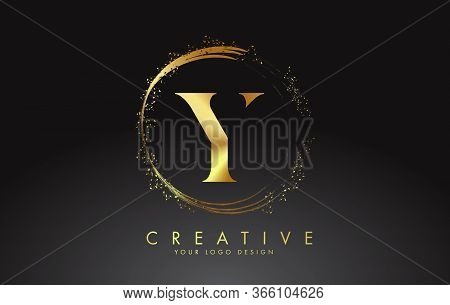 Y Golden Letter Logo With Golden Sparkling Rings And Dust Glitter On A Black Background. Luxury Deco