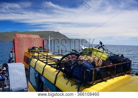 OLKHON ISLAND, 27 AUGUST, 2019: Passengers waiting the Ferry boat to Olkhon Island, Baikal Lake, Siberia, Russia