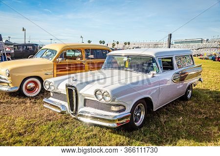 Daytona Beach, Fl / Usa- November 24, 2018: White 1958 Ford Edsel Roundup 2 Door Station Wagon At Th