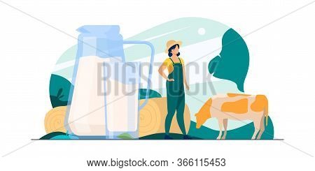 Fresh Milk In Glass Jug. Cow Pasturing On Farming Field. Vector Illustration For Farm Food, Nutritio