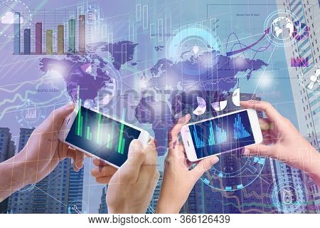 Financial Technology And Mobile Communication Concept. People Working Online Using Their Smartphones