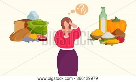 Women Choosing Between Meat And Healthy Vegetables On Vector Nature Cartoon Character Health Food Ve