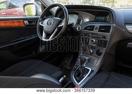 Novosibirsk/ Russia - May 03 2020: Brilliance V5, Dark Car Interior - Steering Wheel, Shift Lever An
