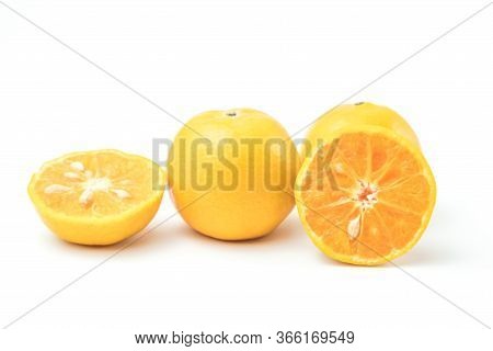 Fresh Oranges Full And Half Cut Rich In Vitamin C Isolated On White Background And Clipping Path