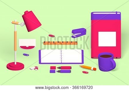 Table Lamp And Stationery  Illustration. Reading-lamp, Notebook, Markers, Pencil, Stapler, Flash Dri