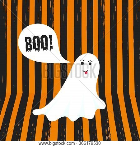 Boo Ghost Halloween Message Concept. Flying Halloween Funny Spooky Ghost Character Say Boo With Text