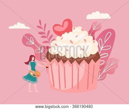 Big Cake And Tiny Girl Decorating Giant Cupcake Cartoon Vector Illustration Of Sweet Food, Celebrati