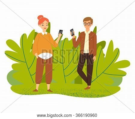 Couple Of Young People With Smartphones Gadgets, Man And Woman Characters With Mobile Phone Isolated
