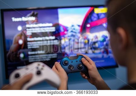 Debrecen, Hungary, 19. November 2019: View From The Top On Xbox One S Gamepad, Game Console, Kid Hol