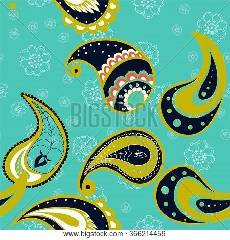 Green Leaf Fabric Vector Seamless Pattern. Persian Ornament Texture. Paisley Elegant Wallpaper. Blue