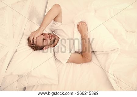 Limit Activities In Bed. Guy Had Sleepless Night. Male Health Concept. Peacefulness Concept. Tired M