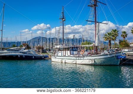 Corfu Island/greece- May 5, 2019: View Of Beautiful Gouvia Port Marina - Calm Sea, White Yachts And 