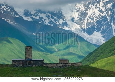 Magical View Of The Caucasus Mountains, Georgia's Highest Summit Shkhara And Lamaria Monastery, Ushg