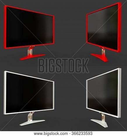 Many Images Of White And Red Technological Computer Screen With Fictive Design Isolated On Grey Back