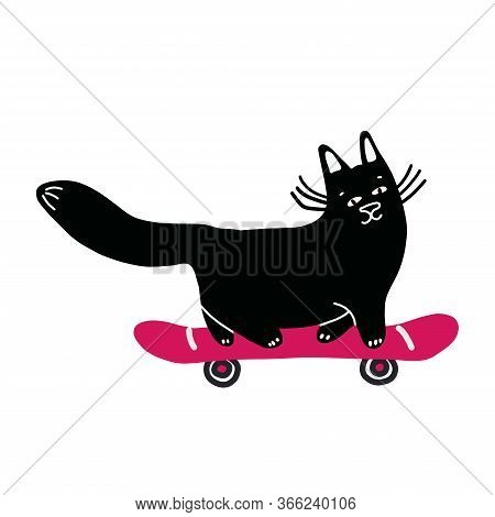 A Black Cat Stands Lazily On A Pink Skateboard. Vector Illustration In Hand-drawn Style.suitable For