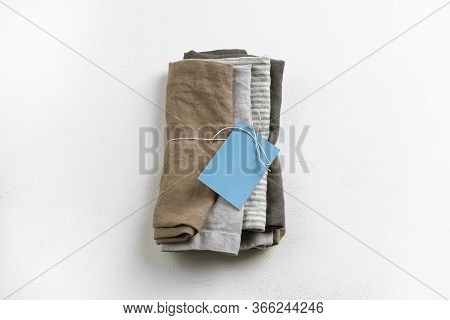 Set Of Kitchen Textile Of Four Brown, Gray, Striped And Dark Grey Pure Linen Or Raw Cotton Napkins P