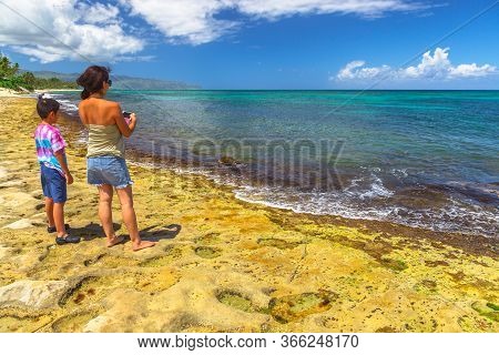 Oahu Island, Hawaii, United States - August 26, 2016: Tourist Woman With Child Looking Green Sea Tur